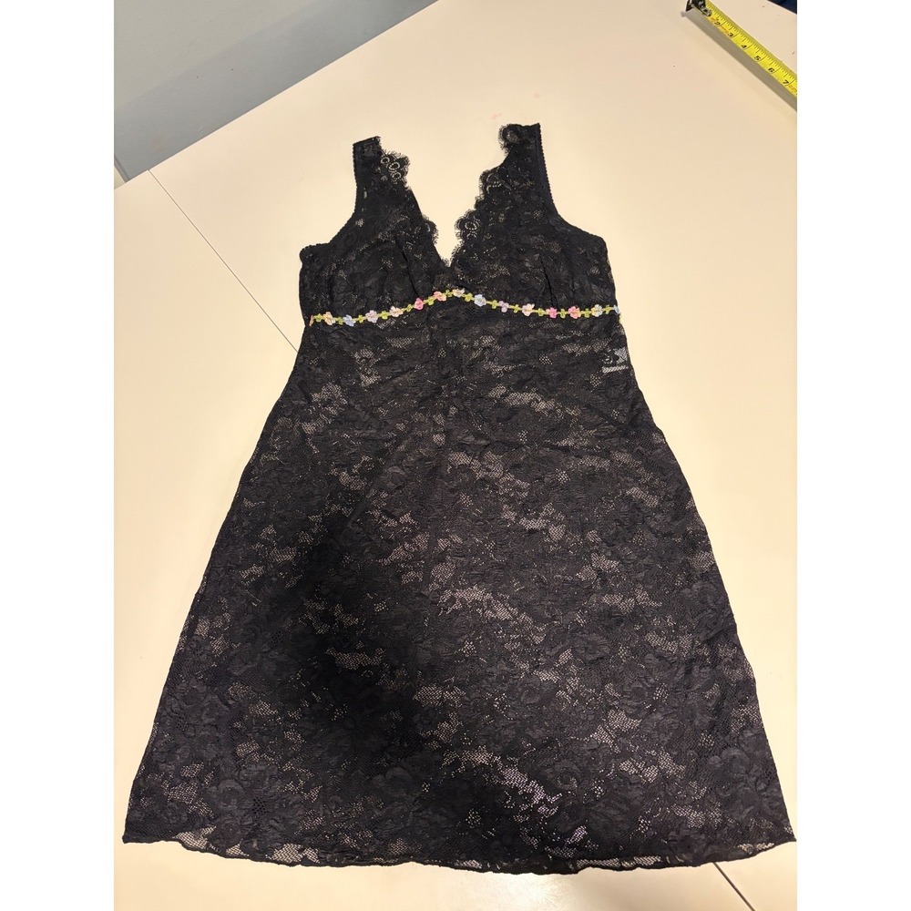 Claire Pettibone Black Lace Floral Trim Slip Dress Chemise Size M